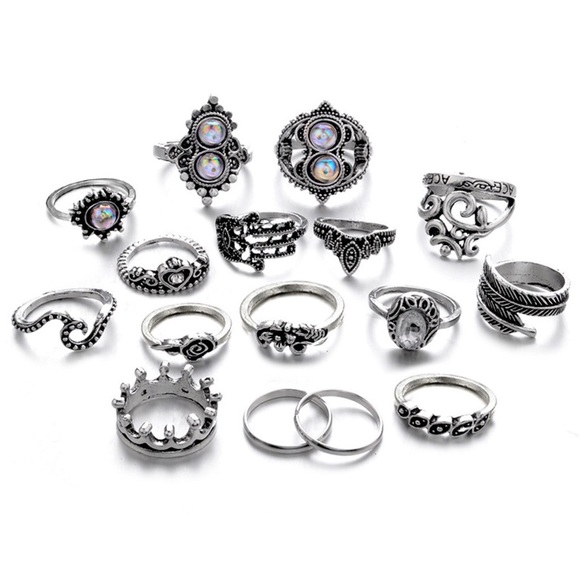 16 Pcs Boho Black & Silver Crystal Gem Ring Set - Picture 6 of 14